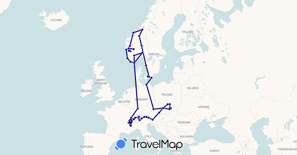 TravelMap itinerary: driving in Austria, Switzerland, Czech Republic, Germany, Denmark, France, Norway, Poland, Sweden, Slovakia (Europe)