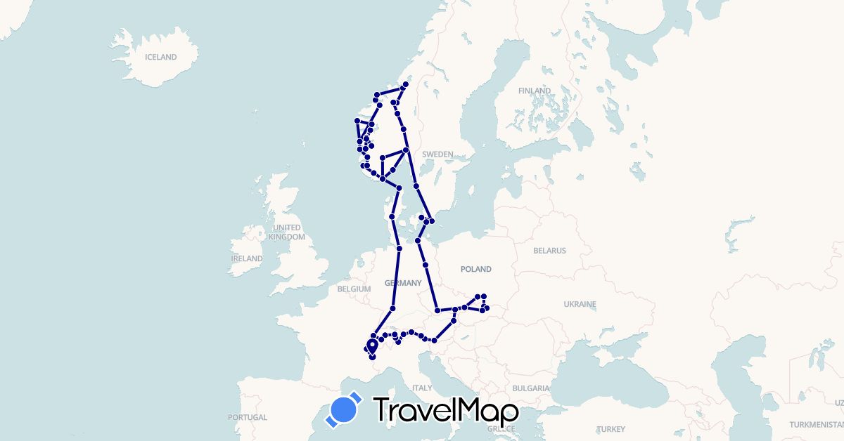 TravelMap itinerary: driving in Austria, Switzerland, Czech Republic, Germany, Denmark, France, Norway, Poland, Sweden, Slovakia (Europe)